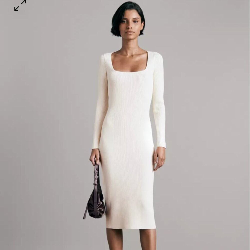 Elegant Cream Square-Neck Ribbed Knit Dress - Women